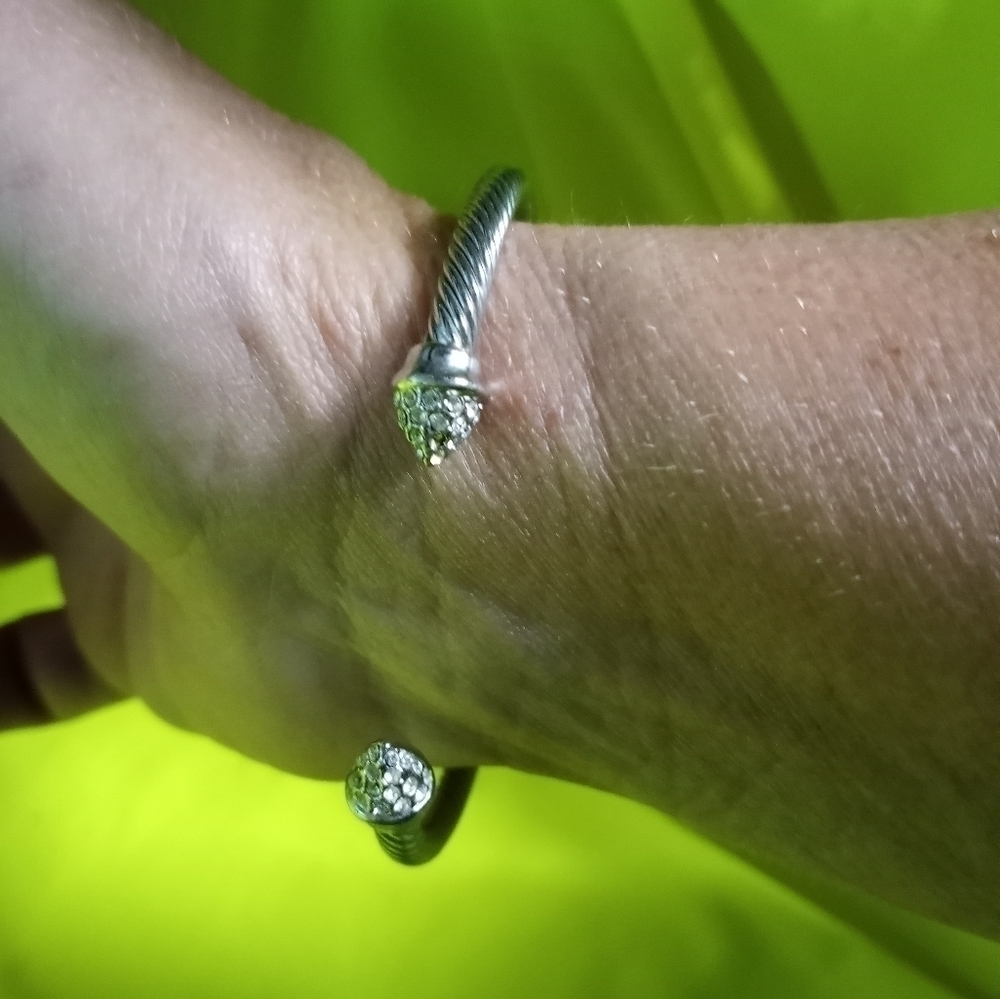 Silvertone twisted wire cuff bracelet Crystal adjustable